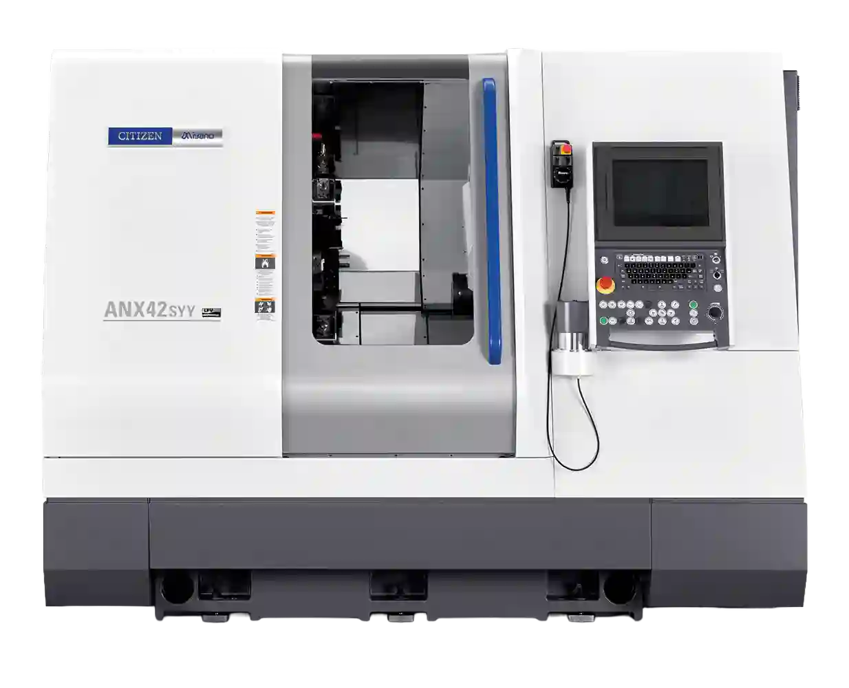 Weiße CNC Drehmaschine mit grauem Fenster und Bedienpanel rechts