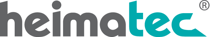 Das heimatec Logo in Grau mit türkisfarbenem Schriftzug und einem eingekreisten R