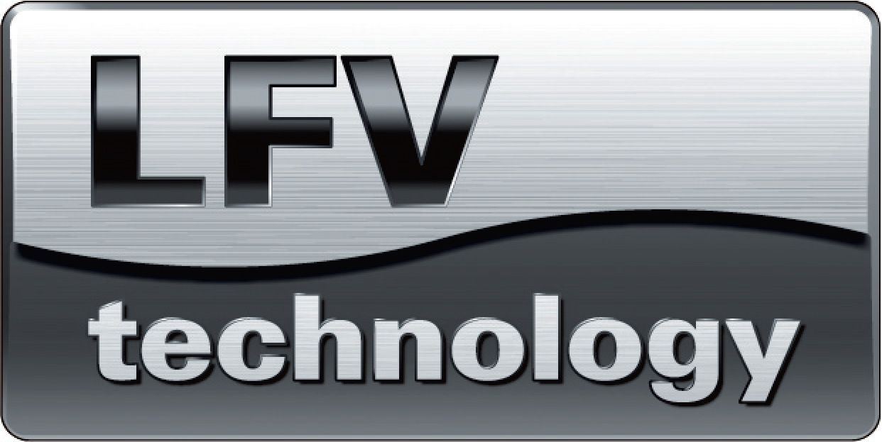 Ein silbernes LFV technology Logo mit metallischem Hintergrund und Wellenlinie