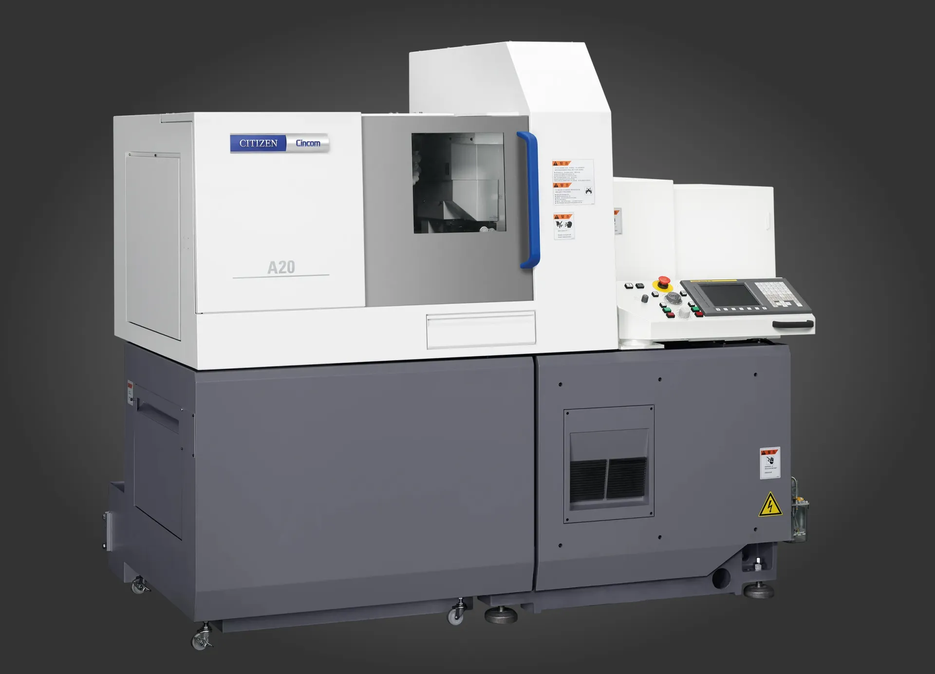 Eine moderne CNC-Maschine in weiß und grau mit blauen Akzenten und Bedienfeld