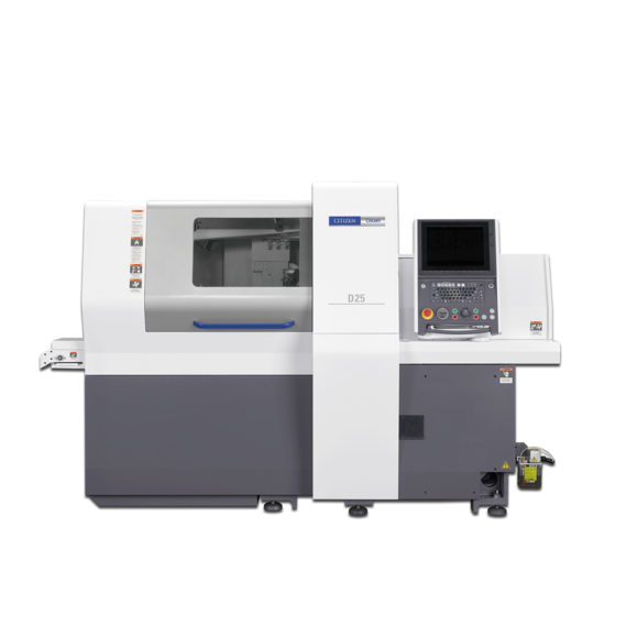 Eine moderne CNC Drehmaschine in Weiss und Grau mit großem Bildschirm und vielen Tasten