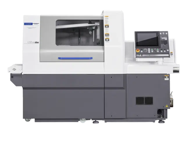 Moderner grauer und weißer CNC-Drehmaschine mit digitalem Bedienfeld und Glasabdeckung