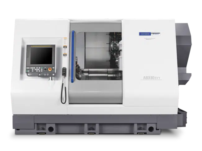 Eine weiße CNC-Maschine mit silbernen Details und Bildschirm rechts