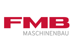 Rotes FMB-Logo über grauer Maschinenbau-Schrift auf weißem Hintergrund