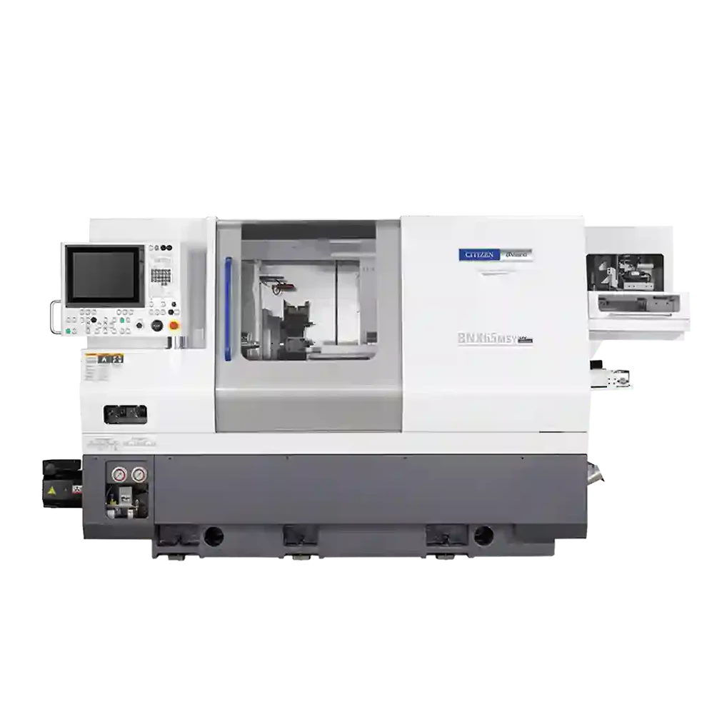 Weisse CNC Drehmaschine mit Display, blauem Griff und Sichtfenster